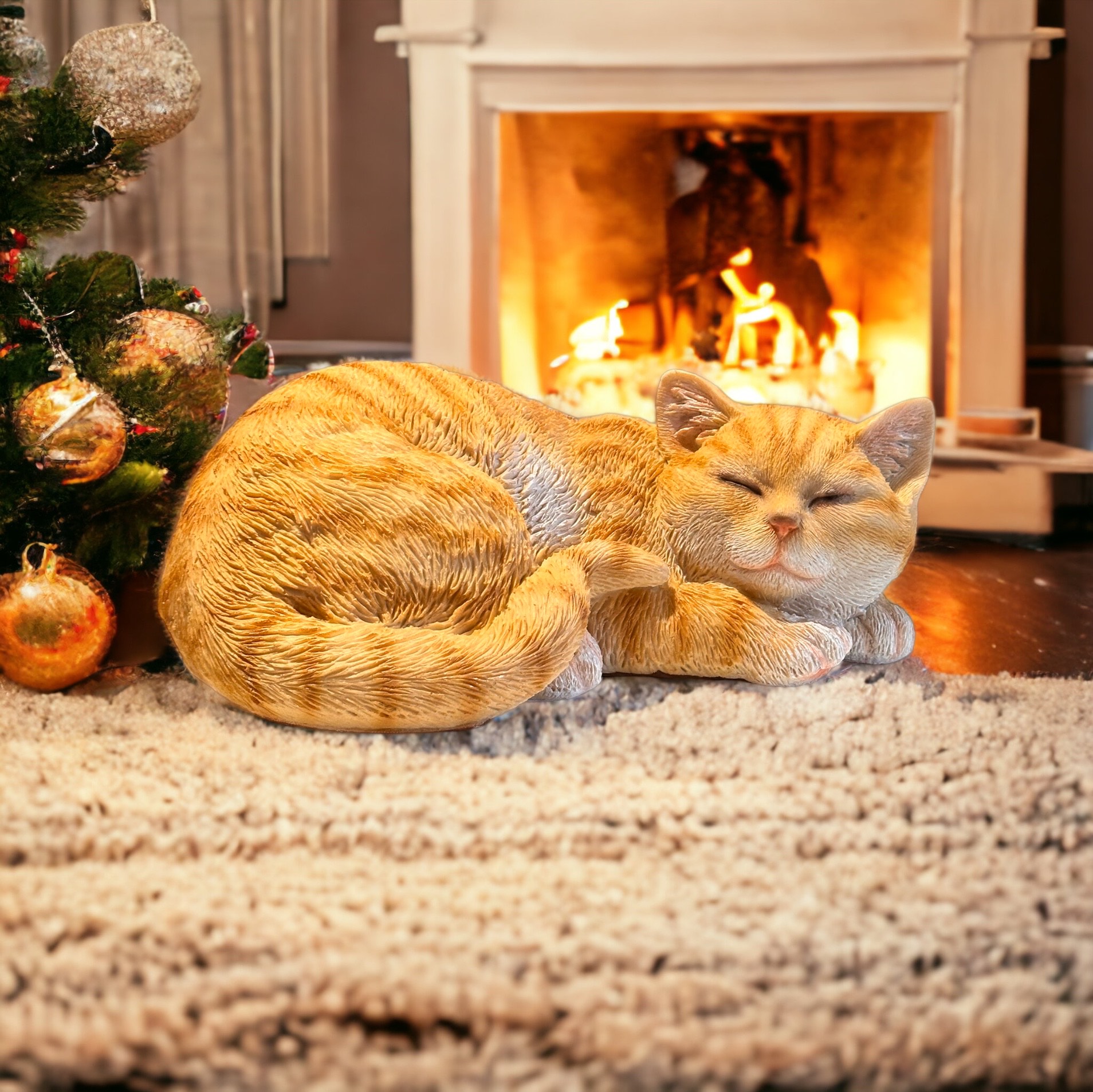figurka leżącego rudego kota przy kominku